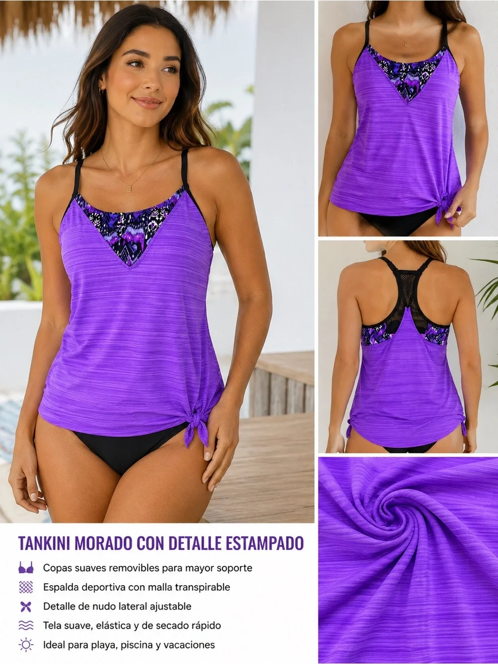 ZeroXposur Purple Tankini Top with Black & Purple Printed Accents